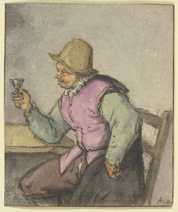 An einem Tisch sitzender Bauer mit Glas, nach links od Adriaen van Ostade