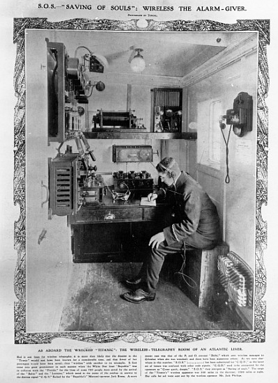 As Aboard the Wrecked \\Titanic\\\: The Wireless-Telegraphy Room of an Atlantic Liner, illustration  od English Photographer