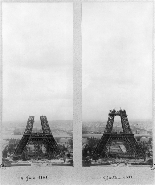 Two views of the construction of the Eiffel Tower, Paris, 14th June and 10th July 1888 (b/w photo)  od French Photographer