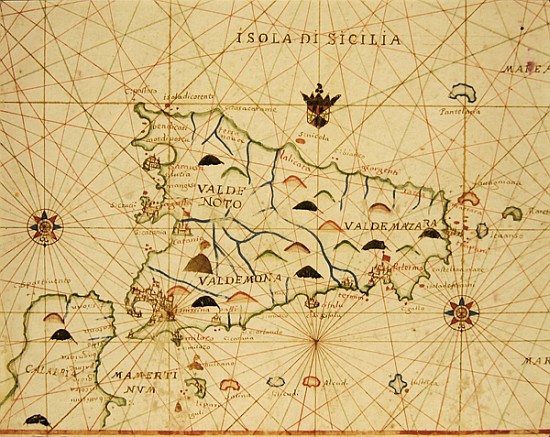 Sicily and the Straits of Messina, from a nautical atlas, 1646 (ink on vellum) od Italian School