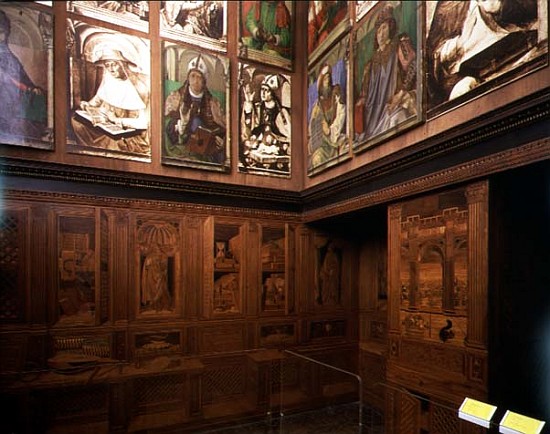 The Study of Federigo da Montefeltro, Duke of Urbino: intarsia panelling depicting open cupboards an od Pedro Berruguete