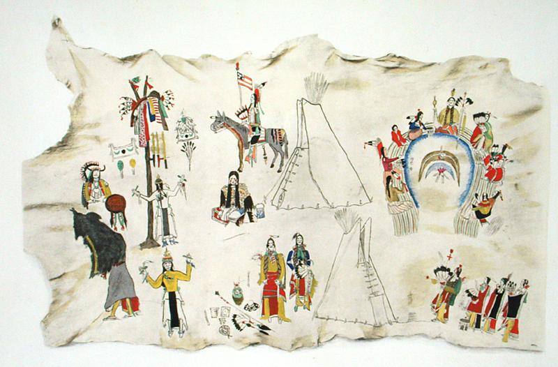 The Shoshone Sun Dance and the Peyote Cult (pigment on deerskin)  od Silver Horn (Haun-goo-ah)