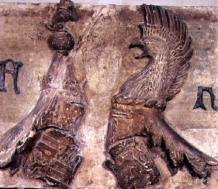 Memorial plaque carved with two tournament jousting helmets bearing the coat of arms of the Gonzaga od a sculptor from the School of Mantua