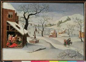 Flight into Egypt in a winter landscape (panel)