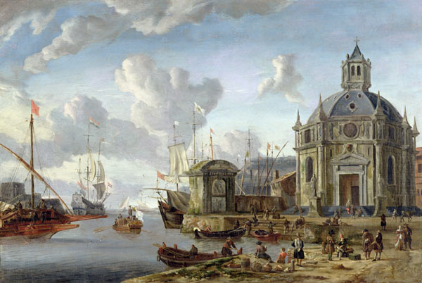 A capriccio of a Mediterranean Harbour with merchants and shipping at anchor od Abraham J. Storck