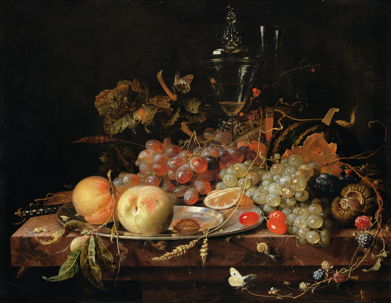 Still Life with Fruit, Tin Plate and Wine Glasses od Abraham Mignon