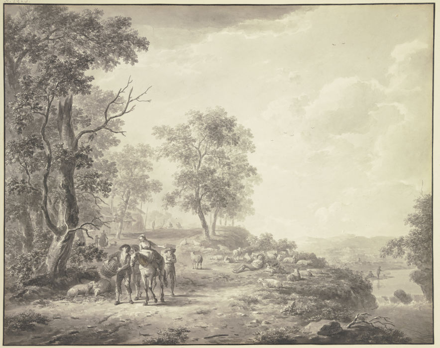 An einem Abhang ein schlafender Schäfer mit seiner Herde, weiter links eine Bäuerin zu Pferde umgebe od Abraham Teerlink