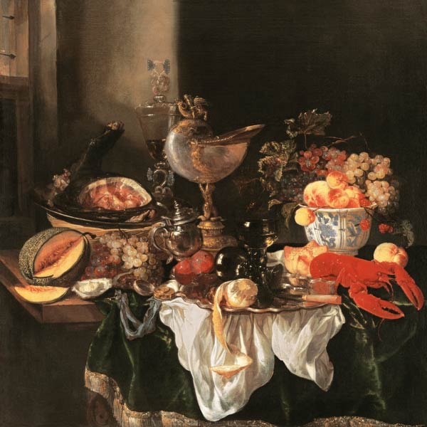 Splendour still life with Nautiluspokal and lobster od Abraham van Beyeren