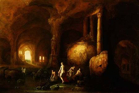 Nymphs Bathing by Classical Ruins od Abraham van Cuylenborch