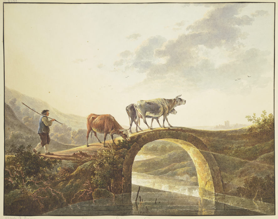 Hirte mit drei Rindern auf einer Flußbrücke od Abraham van Strij