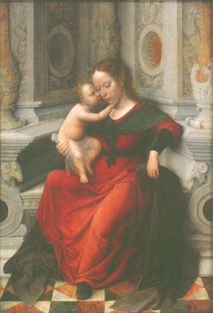 Madonna with child in a niche sitting enthroned od Adriaen Isenbrant