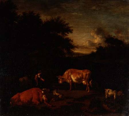 Shepherdess and a Drover with their Flocks by a Classical Fountain in a Wooded Landscape od Adriaen van de Velde