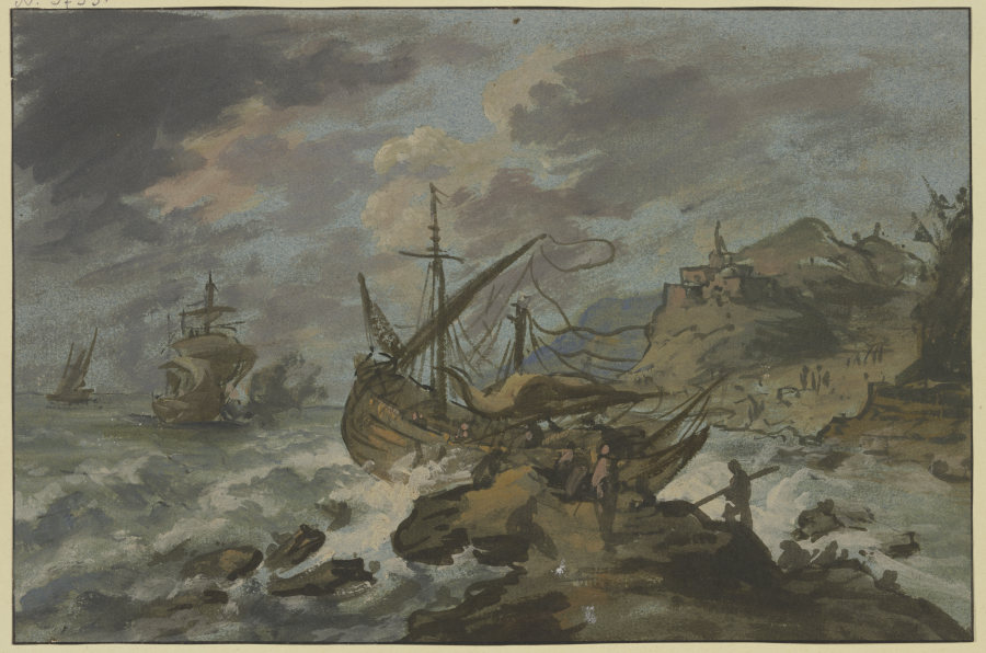 Seesturm an felsiger Küste, vorne ein gestrandetes Schiff od Adriaen van der Cabel