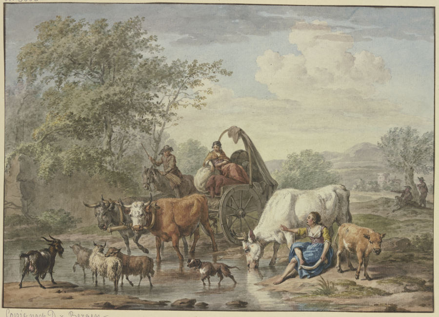 Hirten fahren mit einem Wagen durchs Wasser, rechts eine Hirtin, die sich die Füße wäscht, bei einer od Aert Schouman