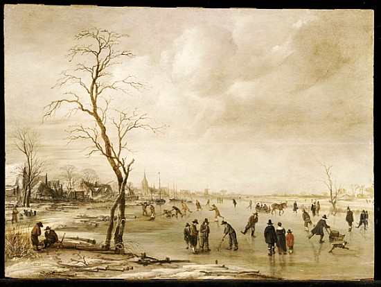A Winter Landscape with Townsfolk Skating and Playing Kolf on a Frozen River, a Town Beyond od Aert van der Neer