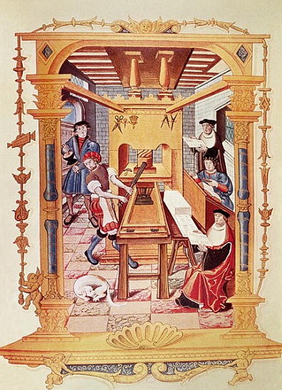 Interior of a 16th century printing works, copy of a miniature from ''Chants royaux sur la Conceptio od (after) French School