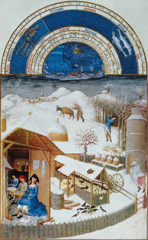 Facsimile of February: farmyard scene with peasants, copied from ''from the ''Tres Riches Heures du  od (after) Limbourg Brothers
