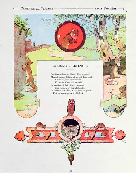 The fox and the grapes, illustration from ''Fables'' Jean de la Fontaine, 1906 edition od (after) Benjamin Rabier