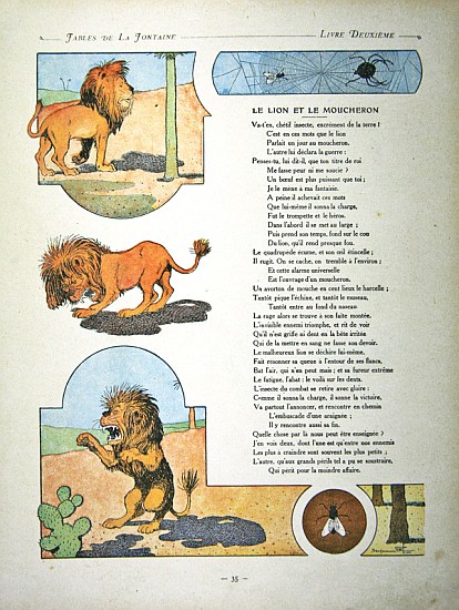 The lion and the gnat, illustration from ''Fables'' Jean de la Fontaine, 1906 edition od (after) Benjamin Rabier