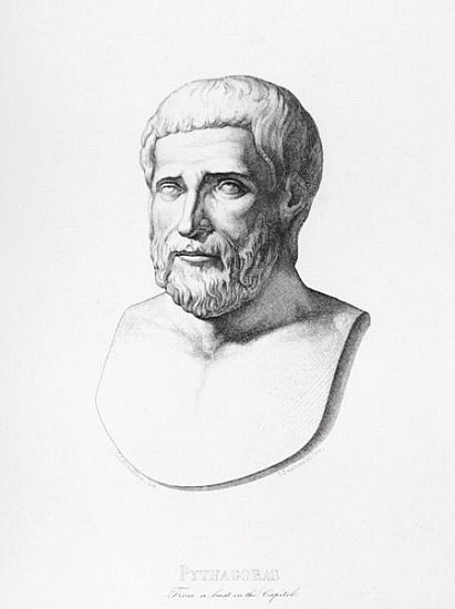 Portrait of Pythagoras (c.580-500 BC) ; engraved by B.Barloccini, 1849 od (after) C.C Perkins