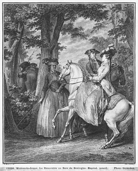 The meeting at the Bois de Boulogne; engraved by Heinrich Guttenberg (1749-1818) c.1777 od (after) Jean Michel the Younger Moreau