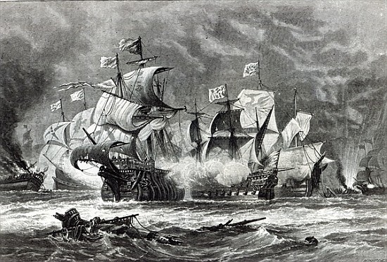 The Vanguard, under Sir William Winter, engaging the Spanish Armada, from ''Leisure Hour'' od (after) Oswald Walter Brierly