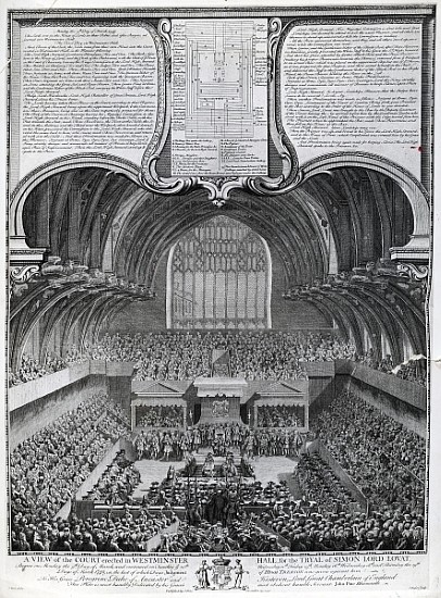 Trial of Simon Fraser, Lord Lovat, in Westminster Hall; engraved by James Basire od (after) Samuel Wale