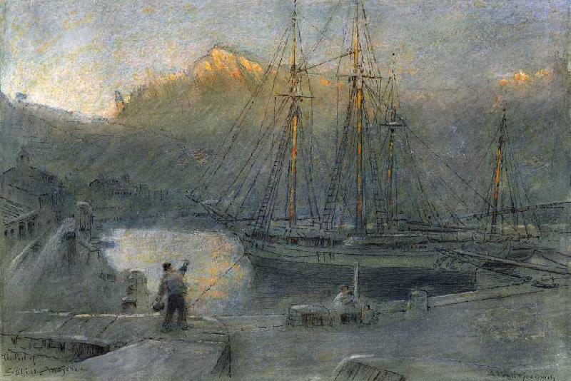 Der Hafen von Sollér auf Mallorca. od Albert Goodwin