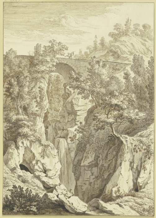 Wasserfall, über welchen eine Steinbrücke führt od Albert Meyeringh