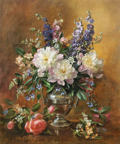 Still Life of Peonies and Delphiniums (oil on canvas)  od Albert  Williams