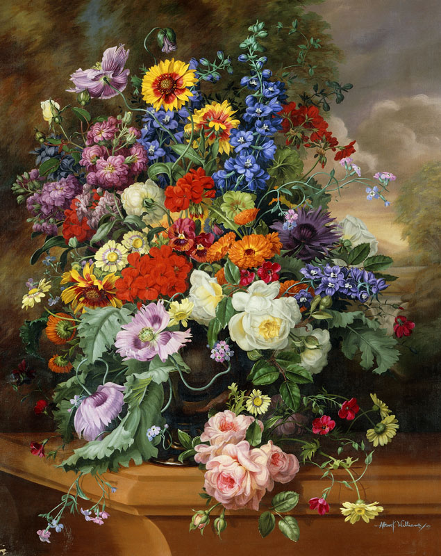 Still Life with Roses, Delphiniums, Poppies, and Marigolds on a Ledge od Albert  Williams