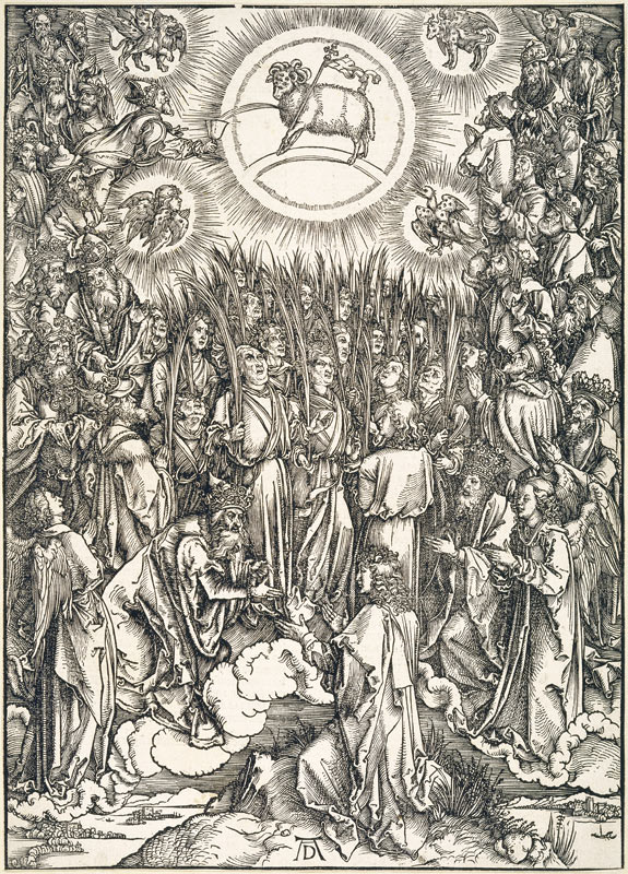 Lobgesang der Auserwählten / Anbetung des Lammes, aus der Folge der Apokalypse, Urausgabe Latein 149 od Albrecht Dürer