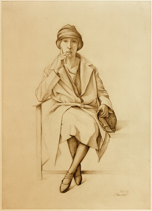 Sitzendes junges Mädchen in Mantel und Hut od Alexander Kanoldt