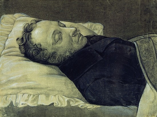 Portrait of Alexander Pushkin on his deathbed, 1837 (pencil, gouache and ink on paper) od Alexander Alexeyevich Koslov