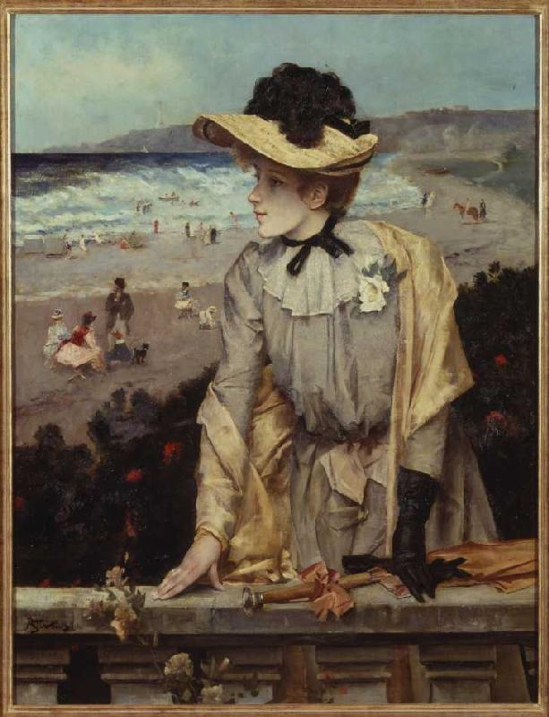 Young woman on the beach (or: Parisienne in front of sea landscape) od Alfred Stevens