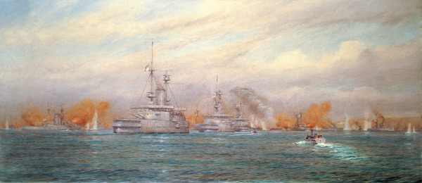 H.M.S. Albion commanded by Capt. A. Walker-Heneage completing the destruction of the outer forts of od Alma Claude Burlton Cull