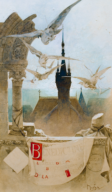 Studie fuer ''Benedictine''. - (Plakatentwurf fuer den Kraeuterlikoer Benedictine aus dem Kloster Fe od Alphonse Mucha