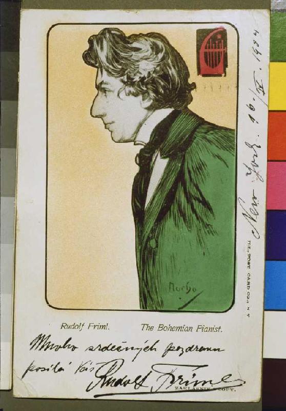 The Bohemian pianist Rudolf Friml postcard with dedication for a concert Tournée of the artist od Alphonse Mucha