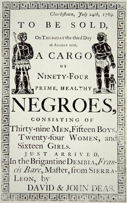 Slave Sale notice, published in Charleston, California, 24th July 1769 (print) od American School, (18th century)