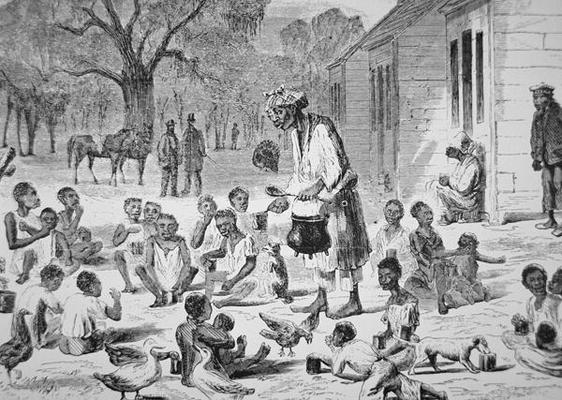 A cook feeding slave children on a Southern plantation, c.1860 (engraving) od American School, (19th century)