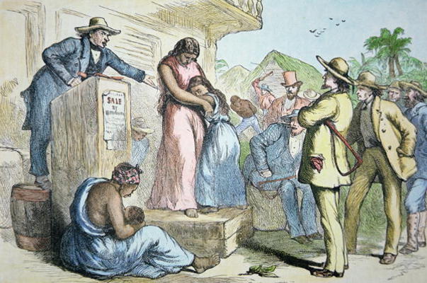 A slave auction in the Deep South, c.1850 (coloured engraving) od American School, (19th century)