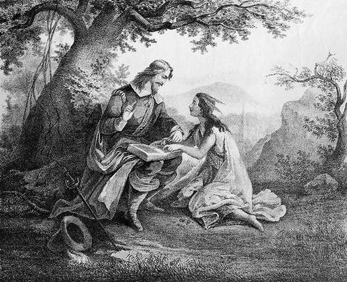 Captain John Smith (1580-1631) teaching Pocohontas (c.1595-1617) to read (engraving) od American School, (19th century)