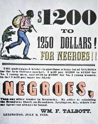 Poster for slave trade, New Orleans, 1853 (colour litho) od American School, (19th century)
