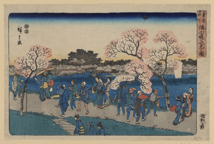 Cherry blossoms along Sumida River. (Sumida tsutsumi hanami no zu) od Ando oder Utagawa Hiroshige