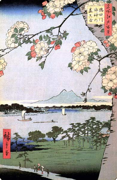 Suijin Schrein und Massaki am Fluß Sumida. (Bild 35 aus der Serie: 100 berühmte Ansichten von Edo). od Ando oder Utagawa Hiroshige