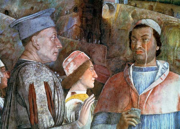 Marchese Ludovico Gonzaga III of Mantua (reigned 1444-78) greeting his son Cardinal Francesco Gonzag od Andrea Mantegna