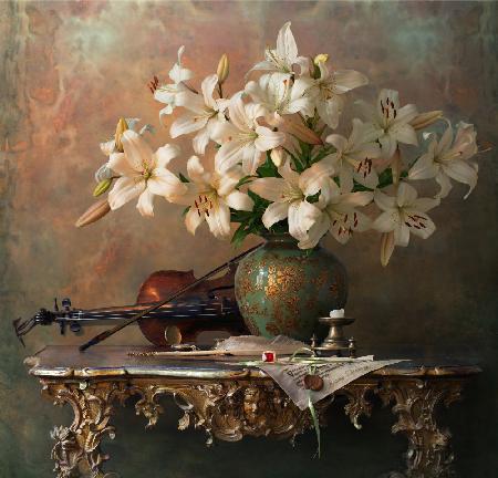 Still life with violin and lilies