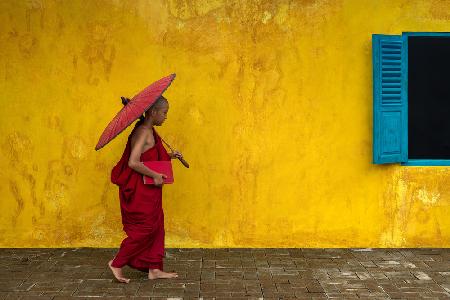 Novice monk walking by