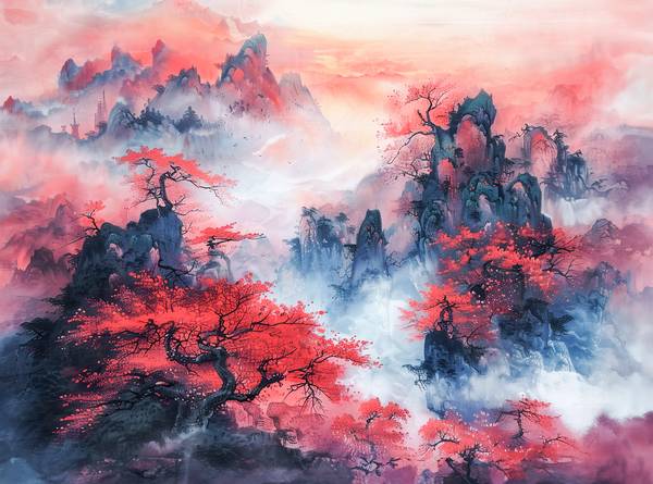 Čínský horský kraj v podzim. Červené javory. od Anja Frost