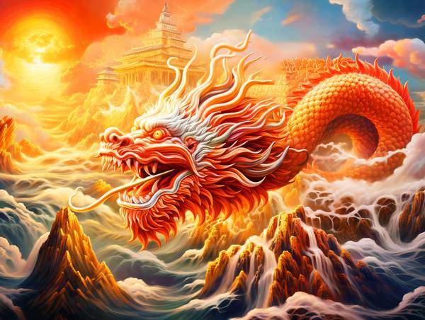 Ohnivý drak v záři západu slunce. Čínský drak od Anja Frost